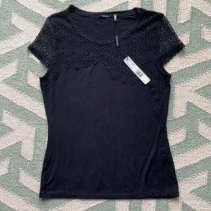 NWT new Elie Tahari M medium Black Davis Knit cap sleeved Top with lace detail